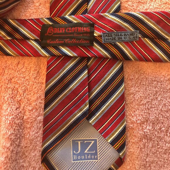 JZ RICHARDS Boulder Silk Necktie Red Blue Stripe Hand Made USA Lindley Clothing - Picture 7 of 7